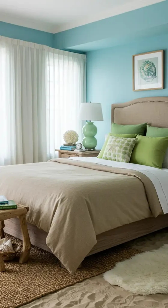 Beachy bedroom with sky blue walls, beige bedding, driftwood nightstands, green pillows, and white rug.