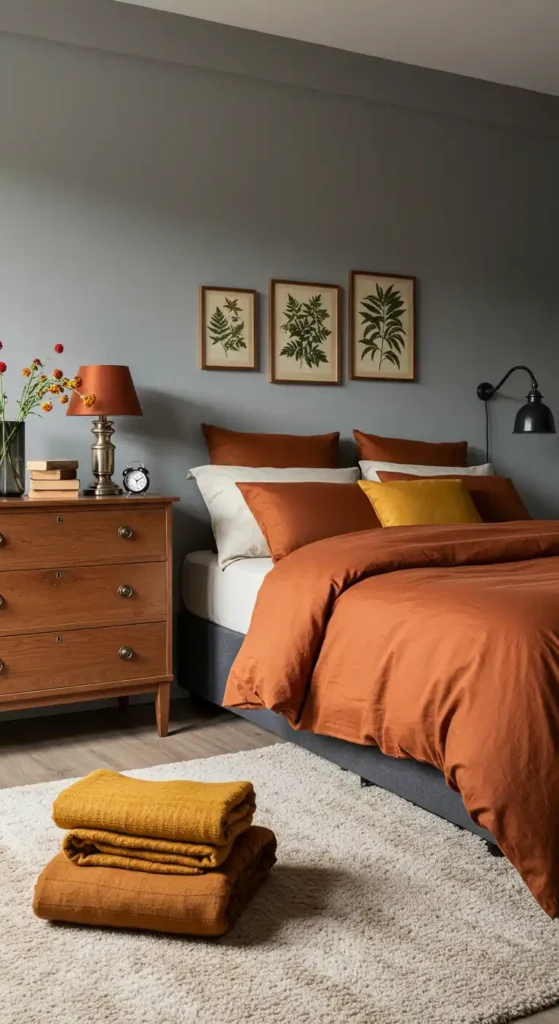 Eclectic bedroom with gray walls, rust red bedding, wooden dresser, mustard throws, and vintage prints.