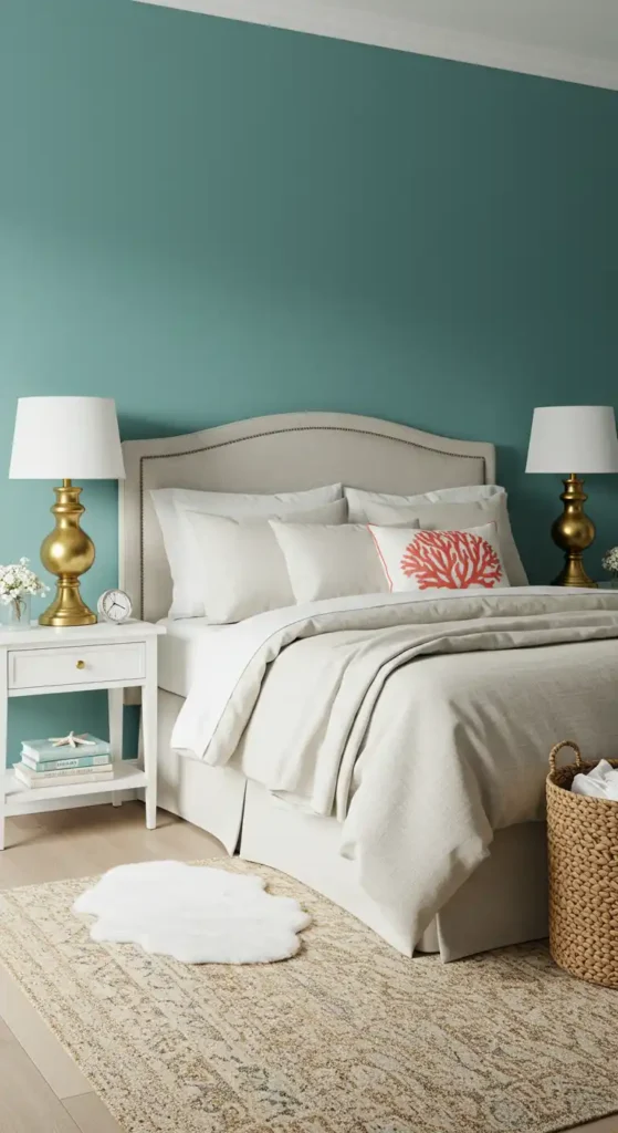 Coastal bedroom with teal walls, ivory bedding, gold lamps, coral pillows, and white rug.