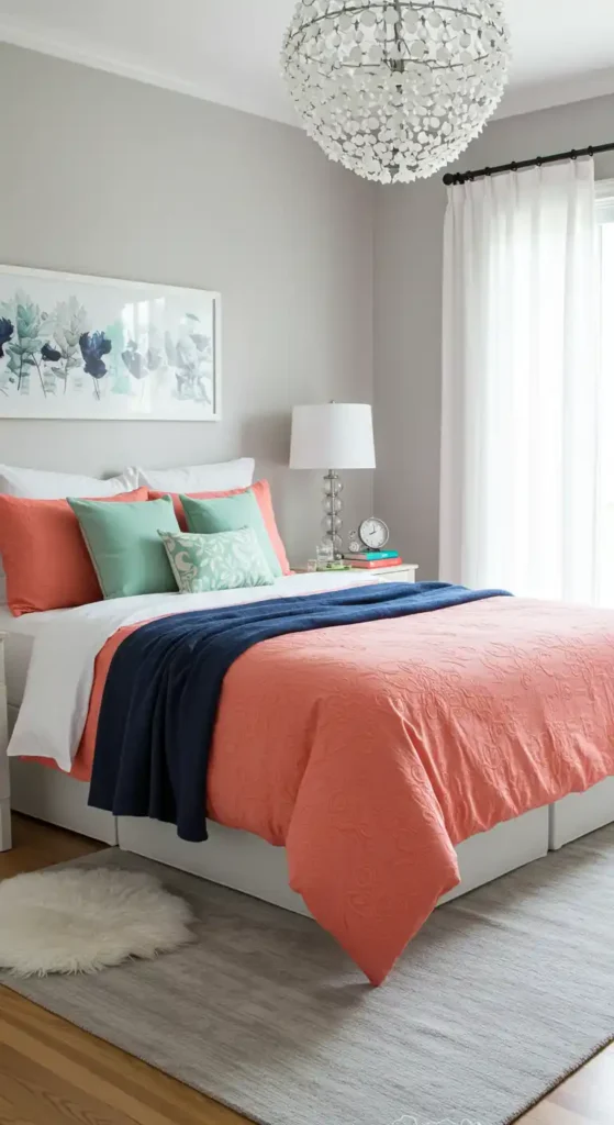 Cheerful bedroom with gray walls, coral bedding, navy throws, mint pillows, and white rug.