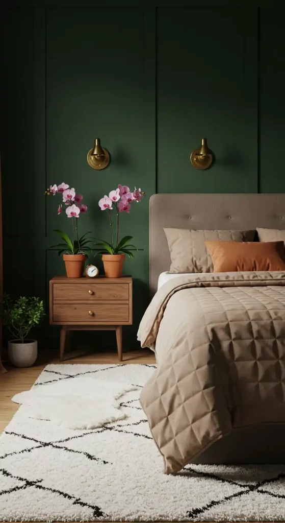 Earthy bedroom with forest green walls, taupe bedding, brass sconces, terracotta vases, and white rug.