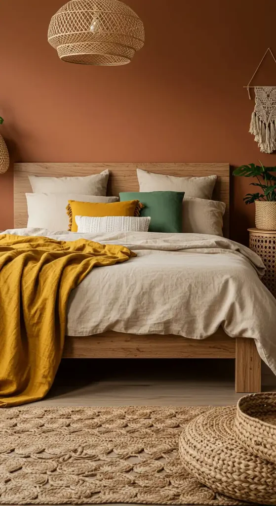 Boho bedroom with terracotta accent wall, beige bedding, mustard throw, sage green cushion, and woven decor.