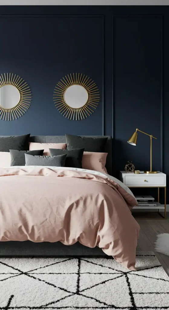 Modern bedroom with navy walls, blush bedding, gold mirrors, charcoal pillows, and brass lamp on a white rug.