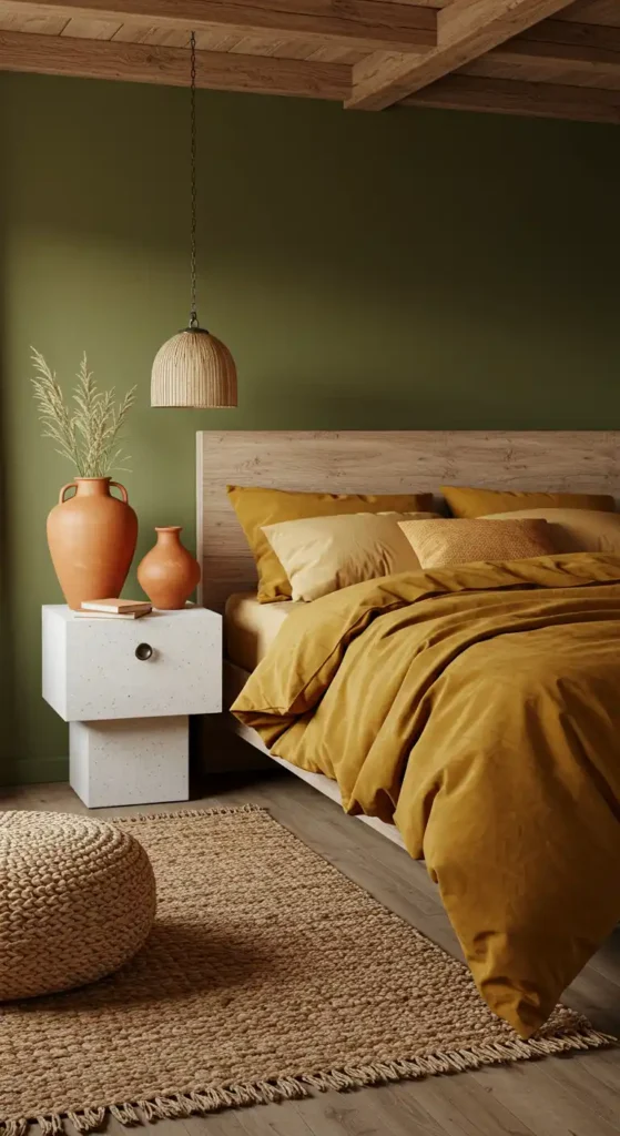 Rustic bedroom with olive green accent wall, ochre bedding, terracotta vases, and woven rug under natural light.
