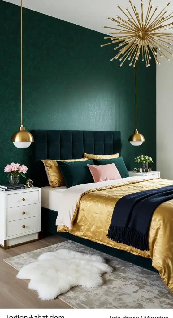 Luxurious bedroom with emerald wallpaper, gold bedding, navy throws, blush pillow, and gold chandelier.