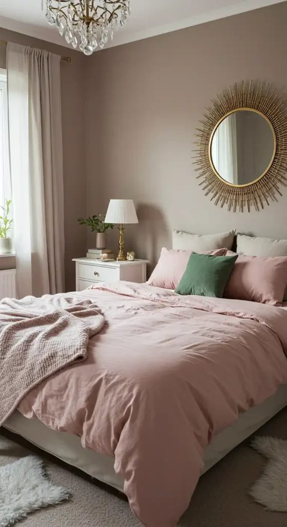 Cozy bedroom with taupe walls, blush bedding, gold mirror, sage pillows, and white rug.