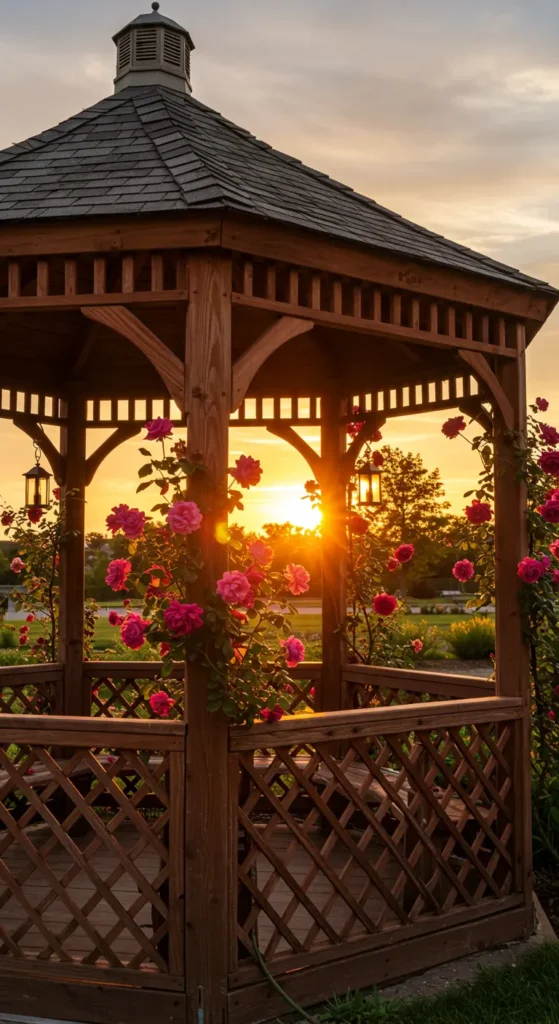 1. Classic Wooden Gazebo with Lattice Sides