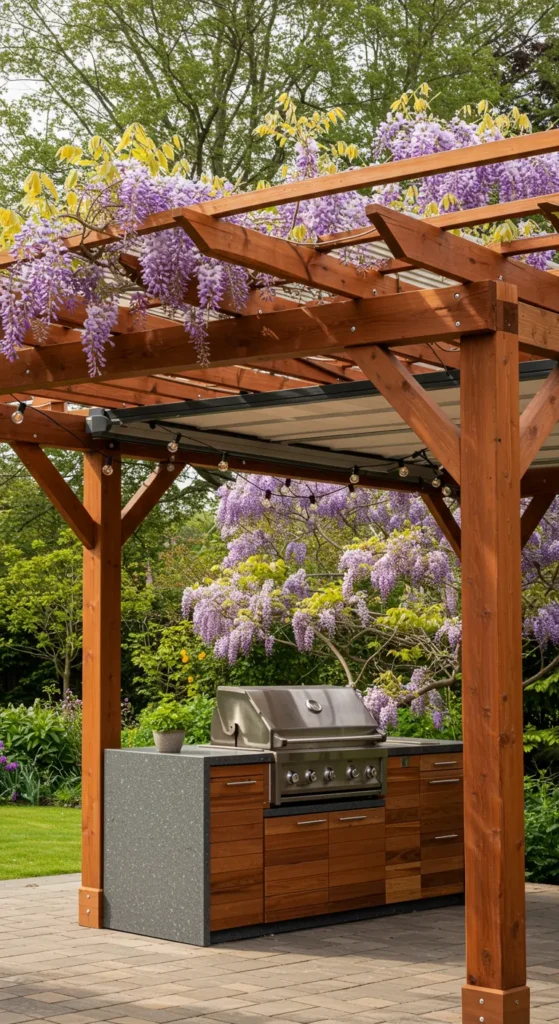 15. Outdoor Kitchen with Pergola and Retractable Canopy