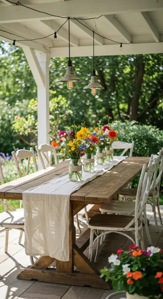 2. Rustic Outdoor Dining Nook with Farmhouse Charm
