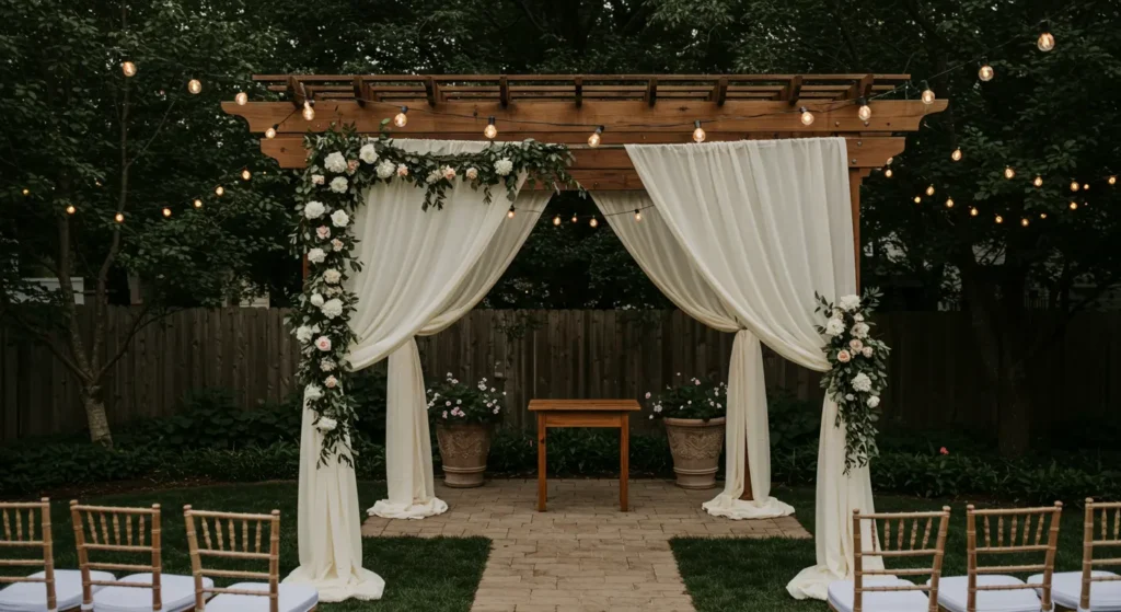3. Draped Fabric Pergola for Soft Elegance