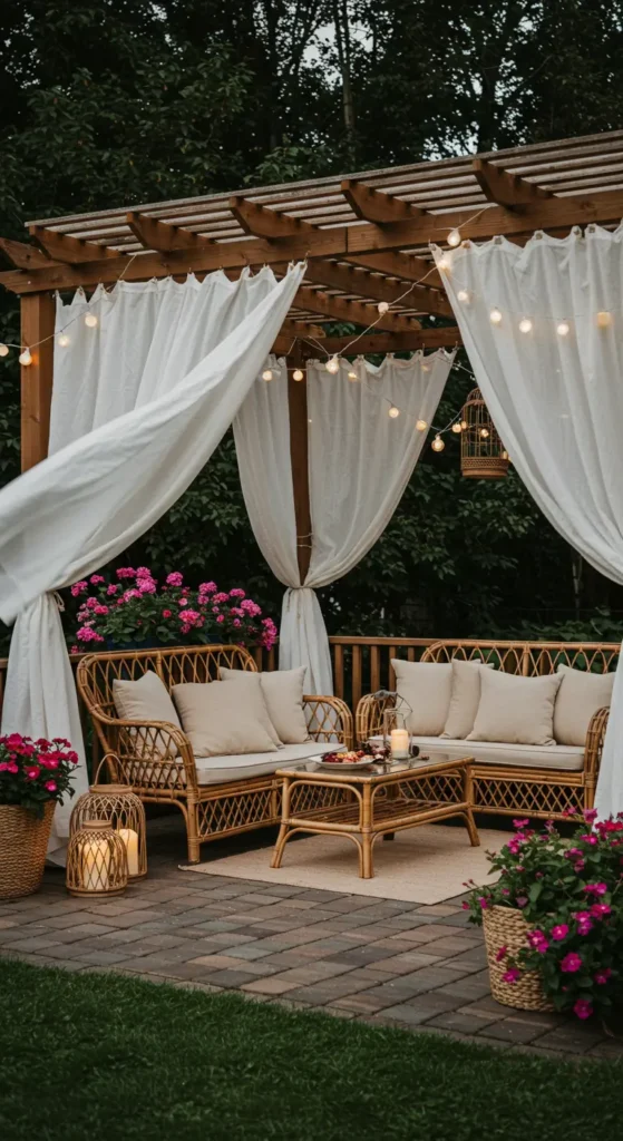 5. Pergola with Flowing Curtains for Breezy Elegance
