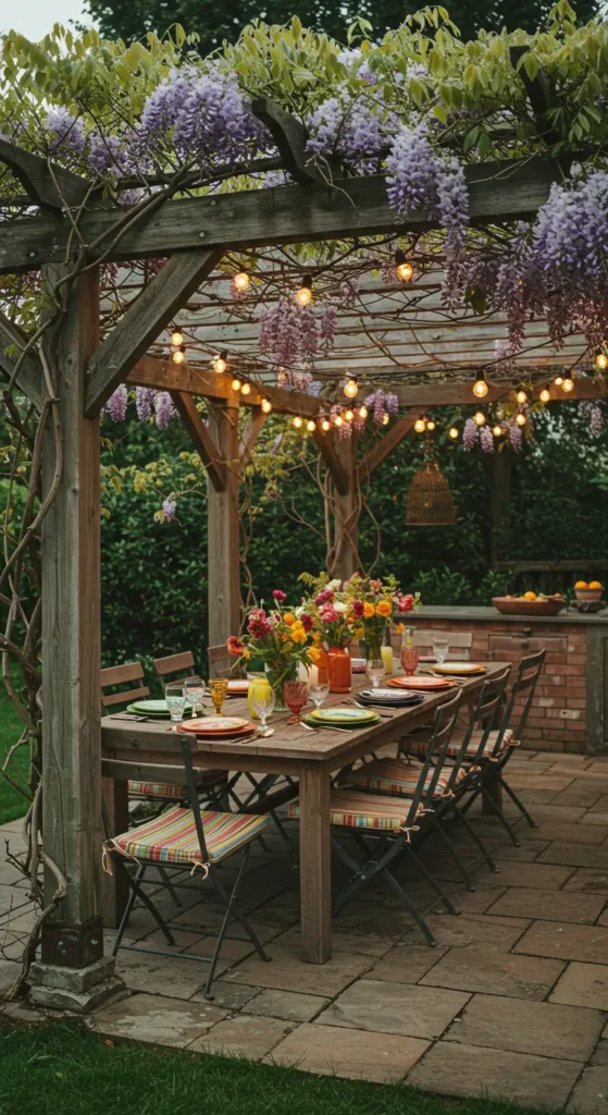17. Backyard Dining Pergola with String Lights