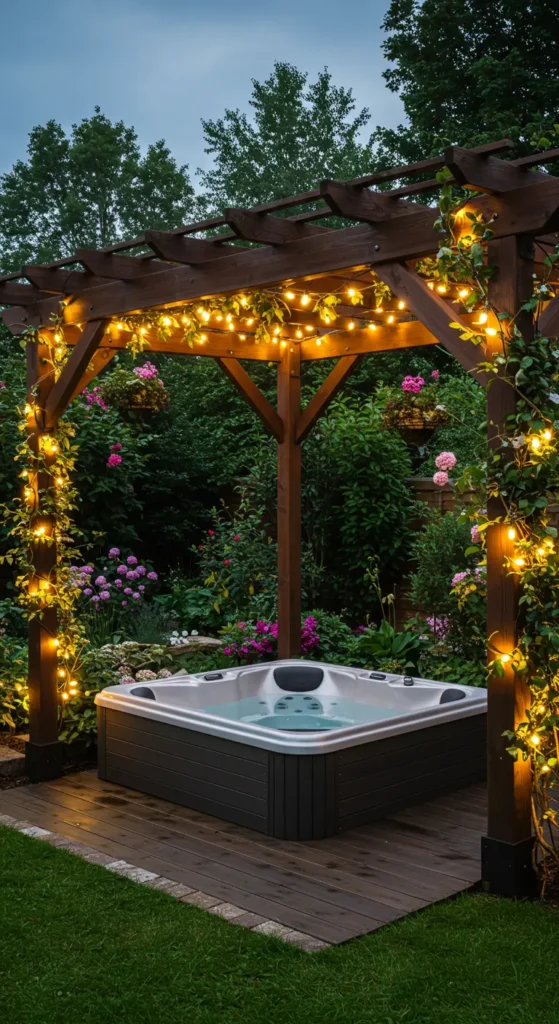 3. Pergola-Covered Hot Tub for Year-Round Comfort