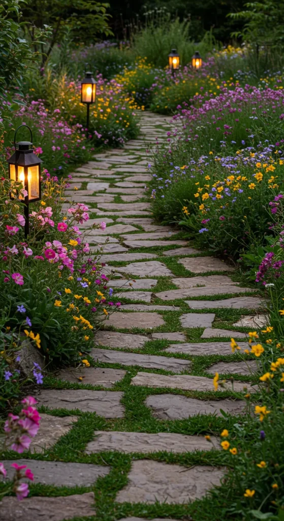 4. Rustic Stone Pathway with Wildflower Borders