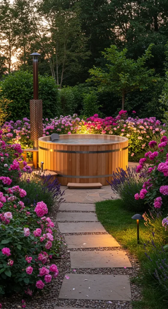 7. Garden Nook Hot Tub Surrounded by Flowers
