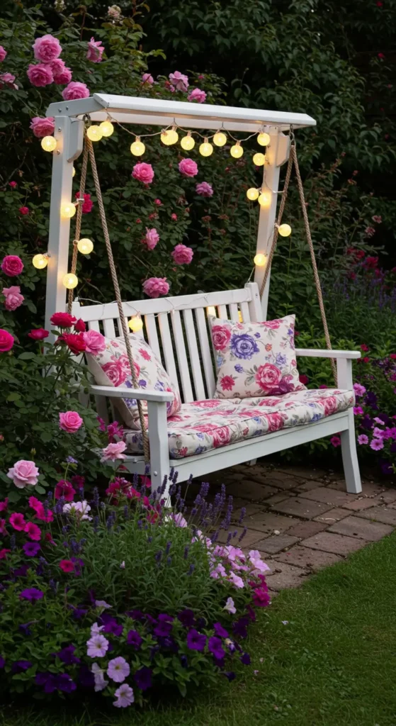 8. Garden Swing Bench with Cushions