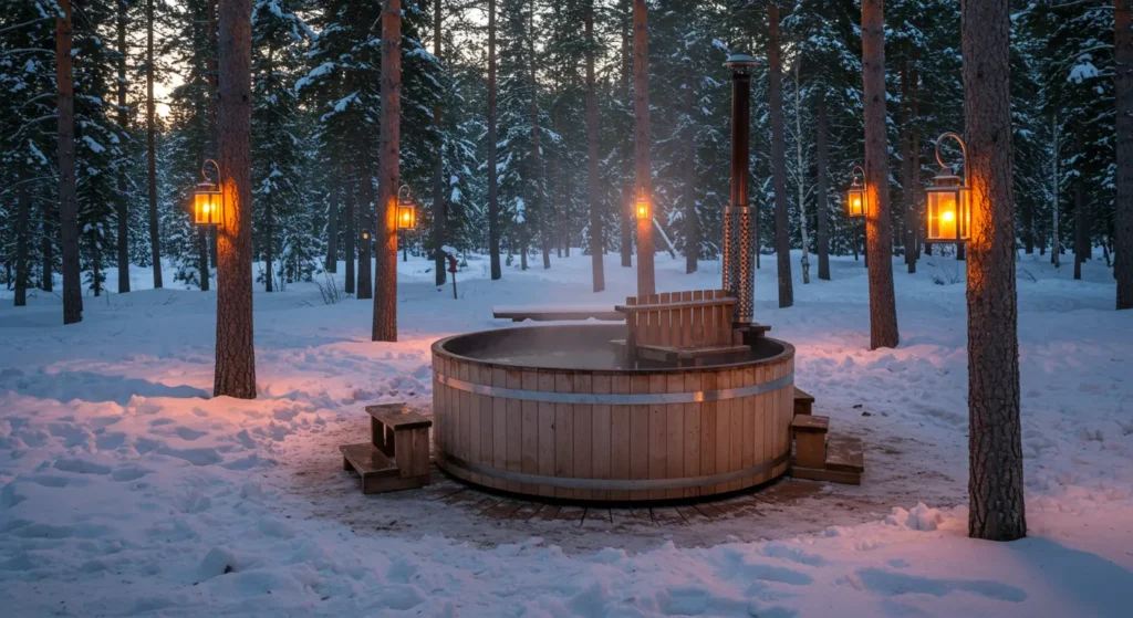 9. Rustic Cabin-Style Hot Tub with Log Surround