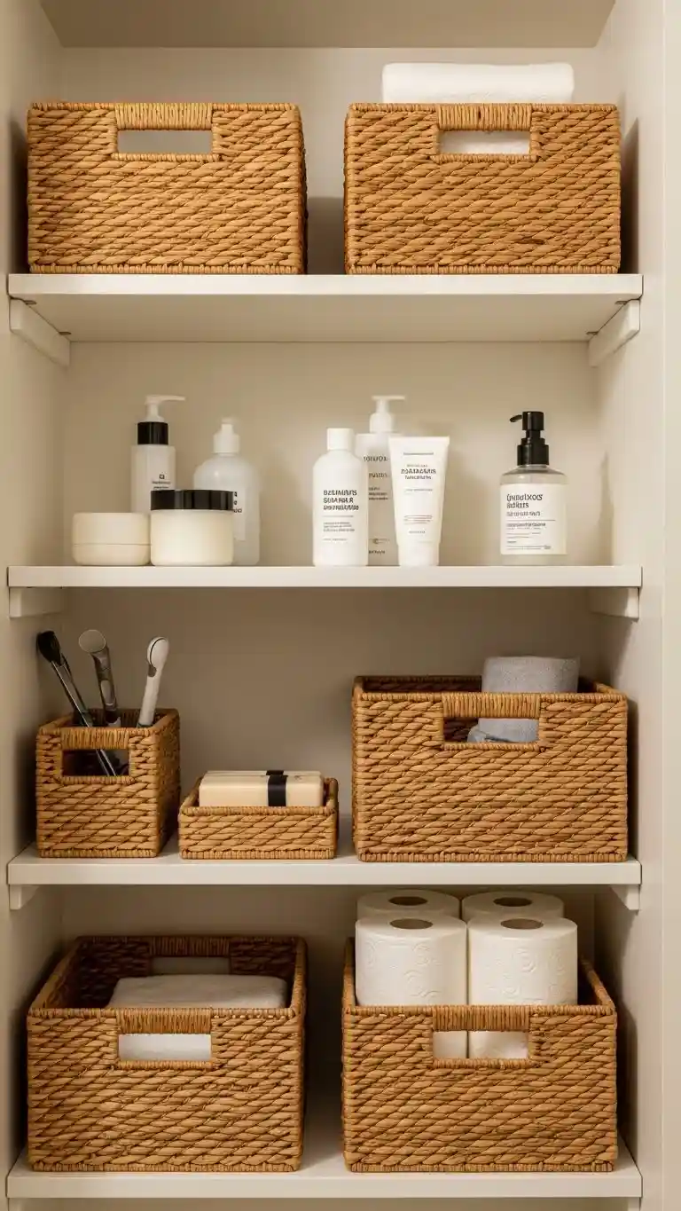Incorporate Baskets for Open Shelf Organization