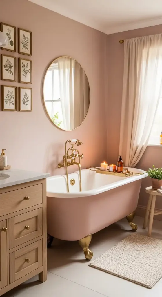 Soft Pink and Brass Cozy Bath