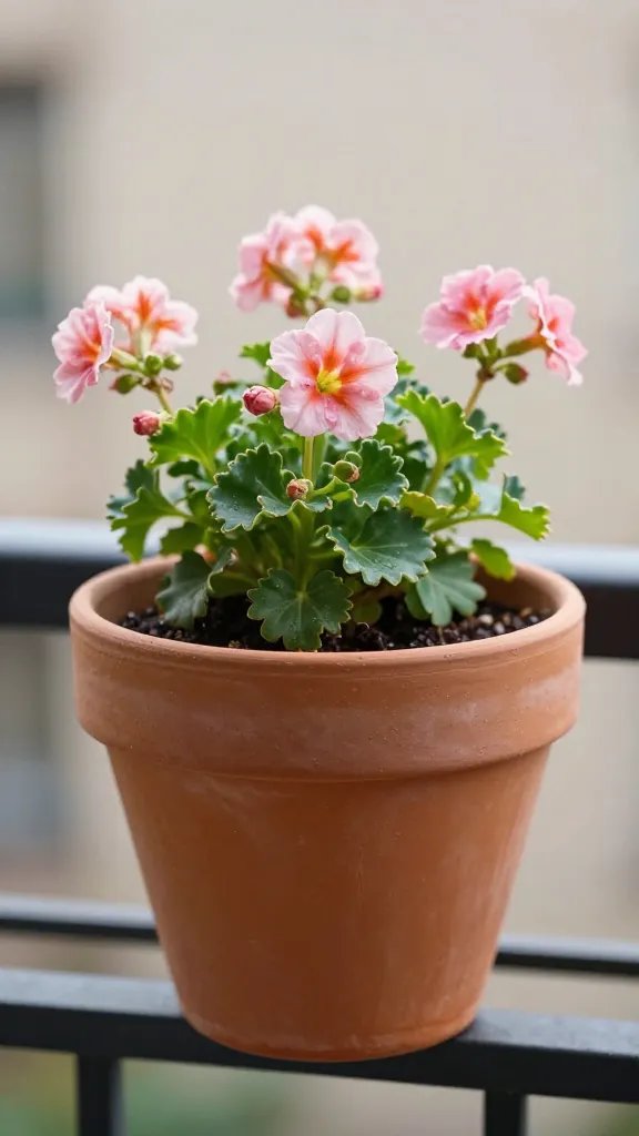 Closeup of terracotta pot with blooming flowers on balcony railing