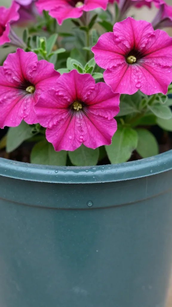 Closeup of plastic pot moisture detail with vibrant petunias