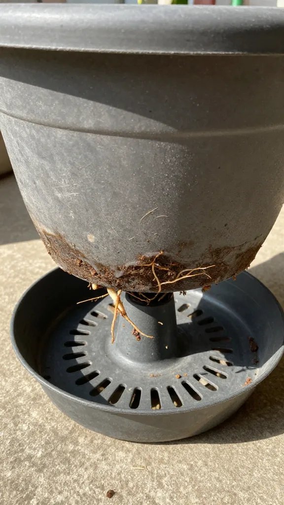 Closeup of drainage saucer and roots in a large pot, sunny step outside