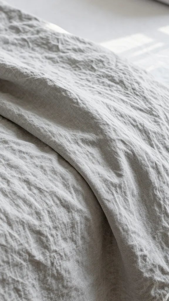closeup of a pale grey linen bedsheet fold with sunlight