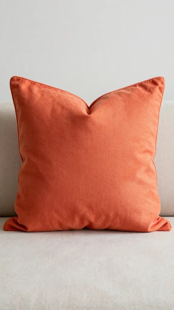 closeup of a single vibrant throw pillow on neutral bedding