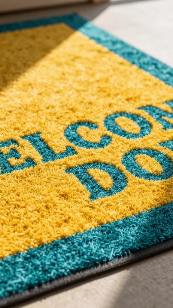 Closeup of a sunlit welcome mat with bold yellow and teal accents