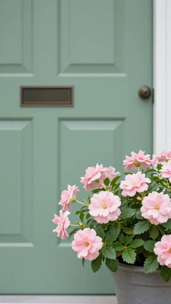 Closeup of a sage green front door planter with blush pink flowers