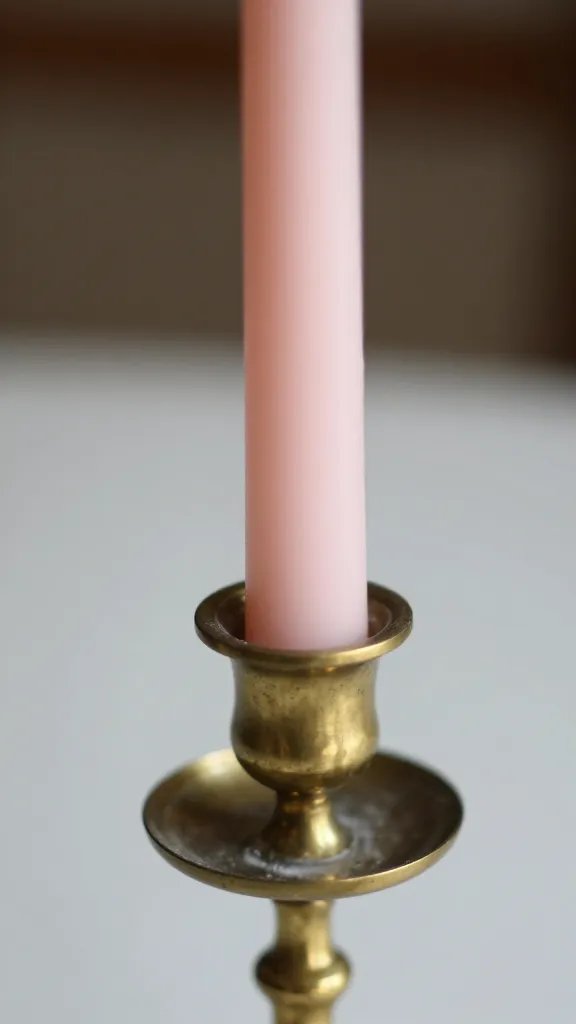 Closeup of a brass candle holder with pale pink taper candle