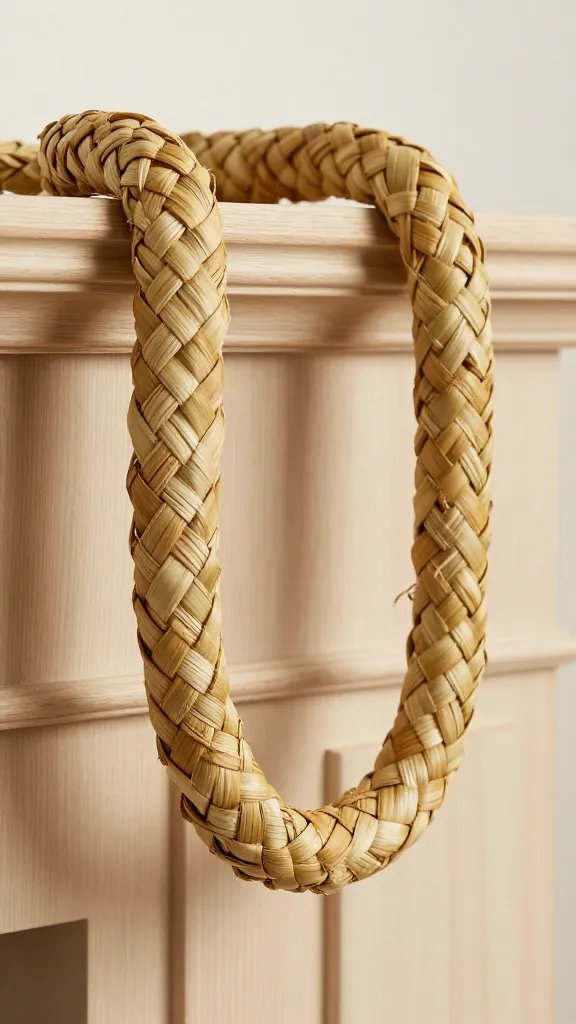 Closeup of a woven grass garland draped over a light-wood mantle