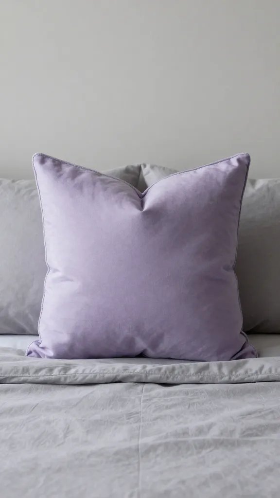 Single lavender accent pillow on warm gray bedspread