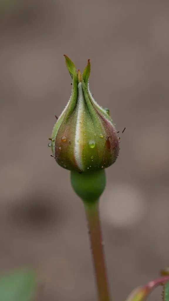 Macro shot of a single rosebud amid soft garden soil