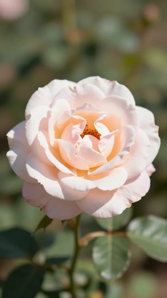 Focused portrait of a single fragrant rose in bright sunlight, blurred background