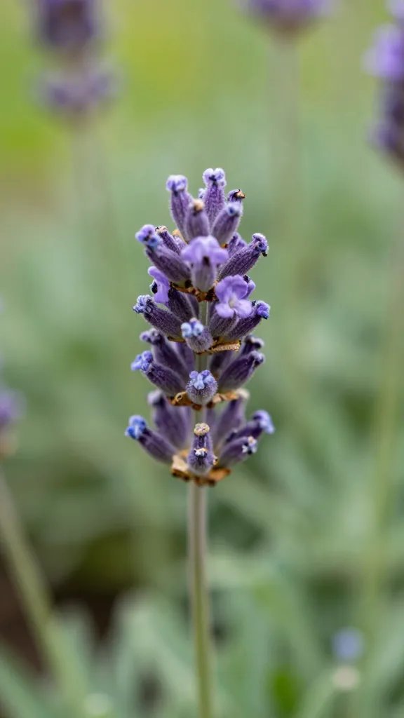 Closeup of a single lavender spike against soft garden greenery