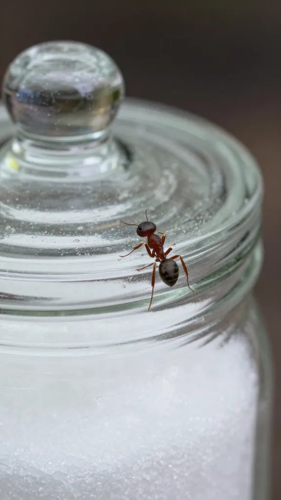 focused image of a lone ant near a glass sugar jar lid