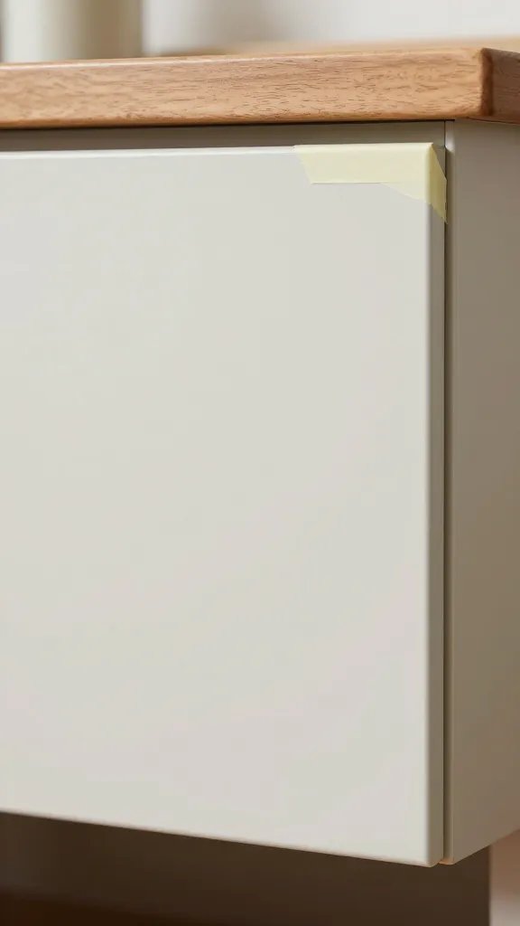 Closeup of a labeled cabinet door on a workbench, painter’s tape edges visible