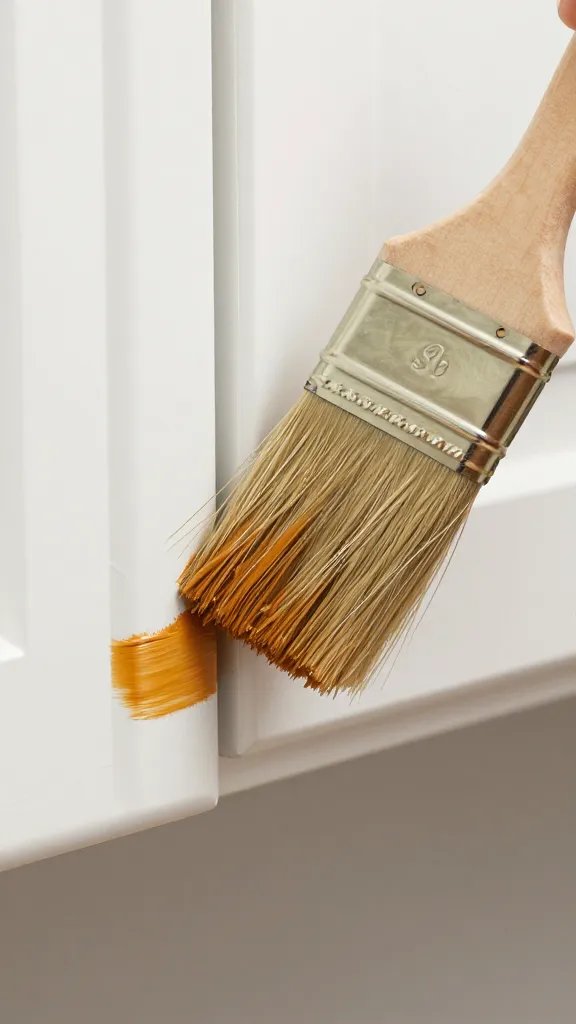 Macro shot of a paint-laden brush applying stain to cabinet trim