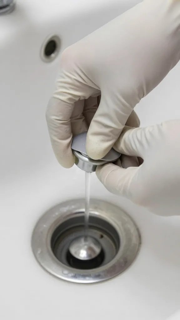 Closeup of gloved hands unclogging a bathroom sink drain