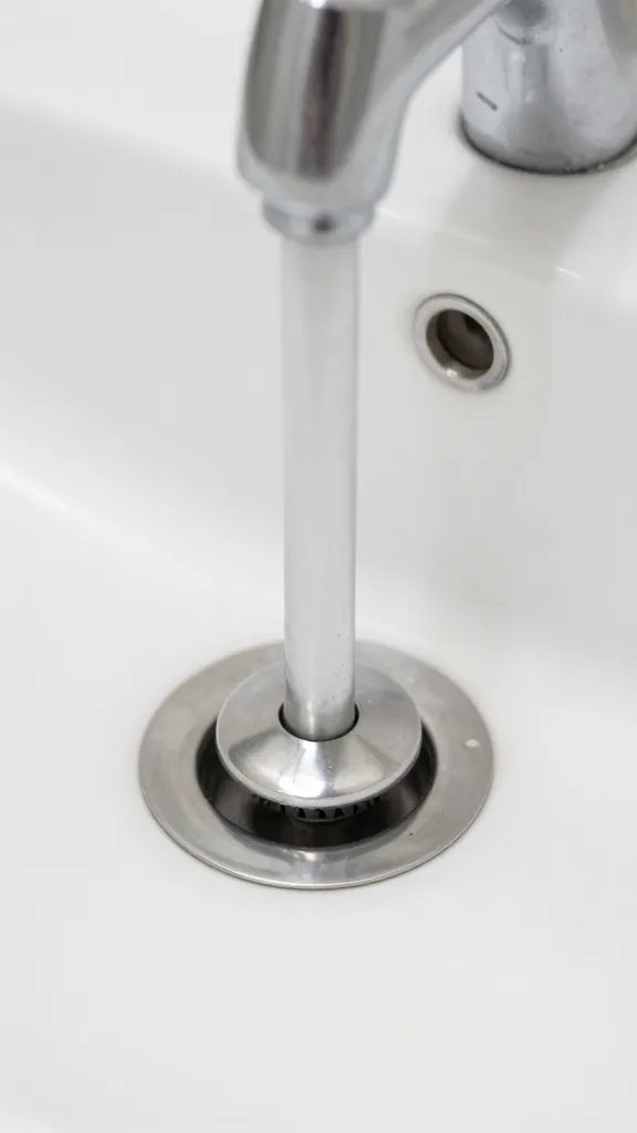 Closeup of a sink plunger pressed over a drain hole in a bathroom sink