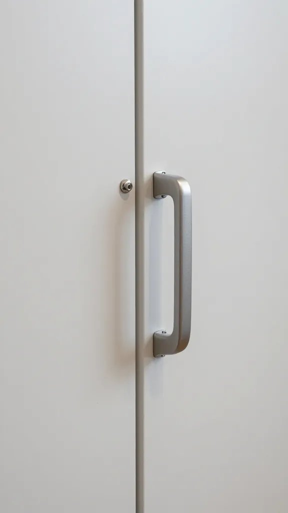 Closeup of a slim wall cabinet door handle over hidden laundry valves