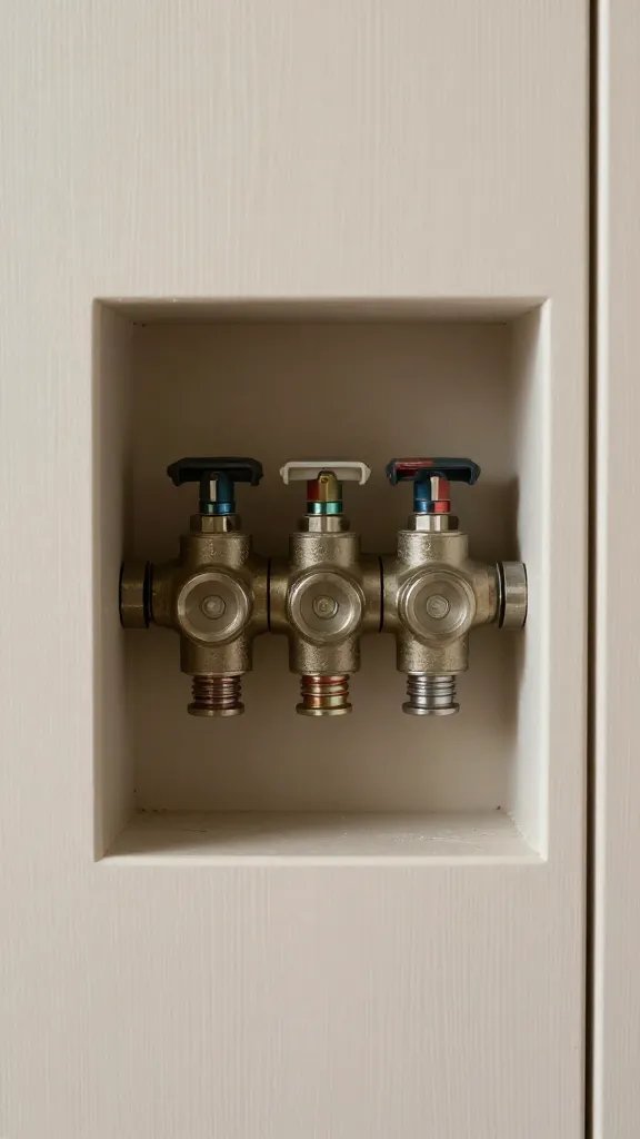 Closeup of a shallow wall panel concealing plumbing valves behind door