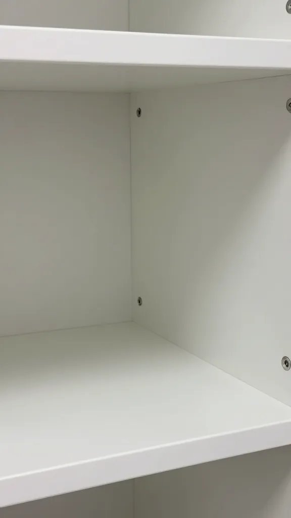 Closeup of a neat utility shelf with concealed valve access panel faintly visible