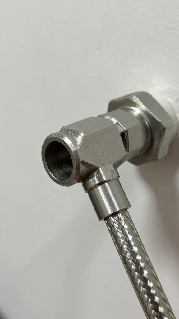 closeup of braided stainless steel washer hose joining a wall supply