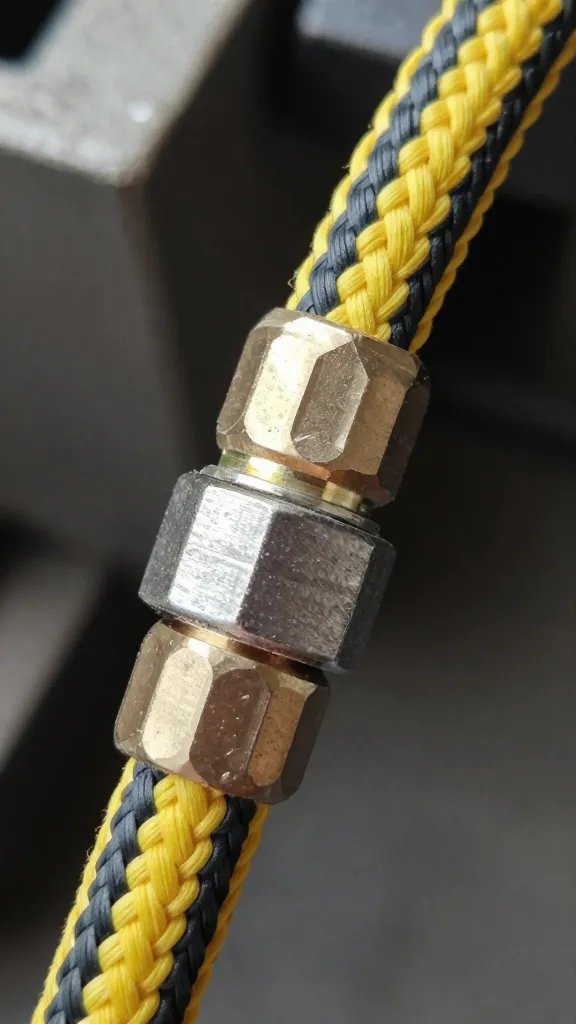 closeup of color-matched braided washer hose connection to machine