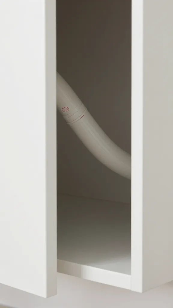 closeup of shallow wall cabinet door framing concealed hoses behind washer