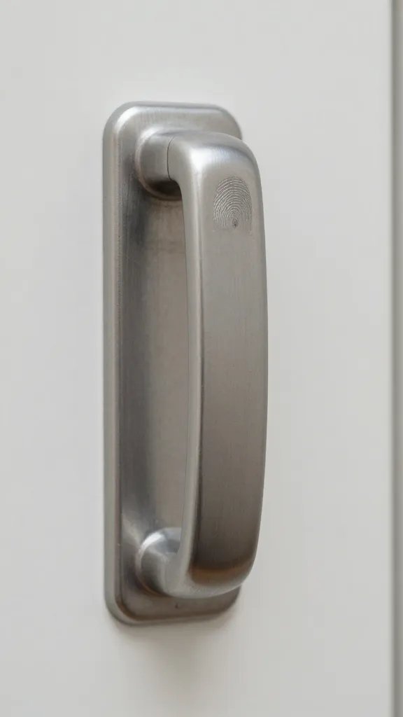 Closeup of a single washer door handle with fingerprint details
