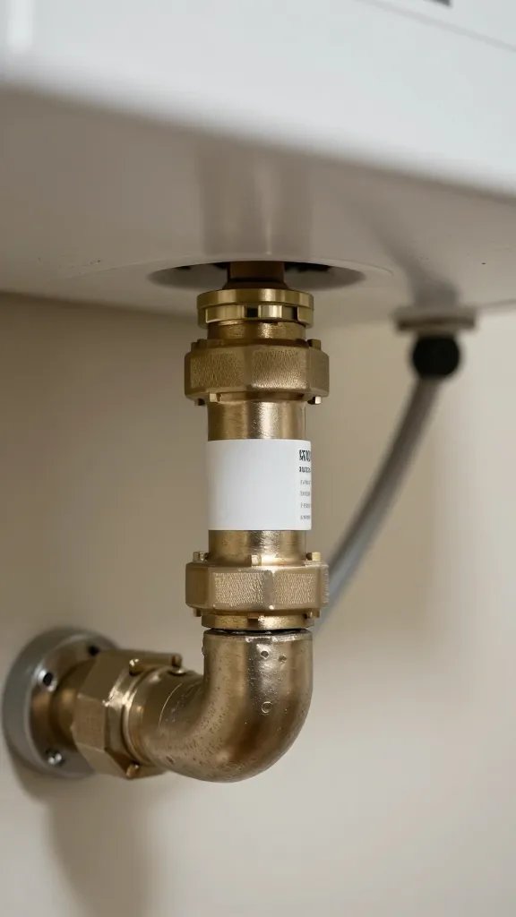 Focused shot of water heater vent pipe with safety clearance tag