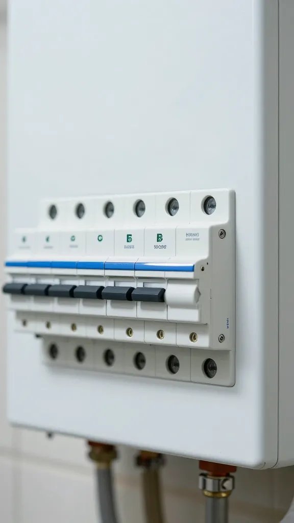 Closeup of labeled electrical breaker panel near water heater